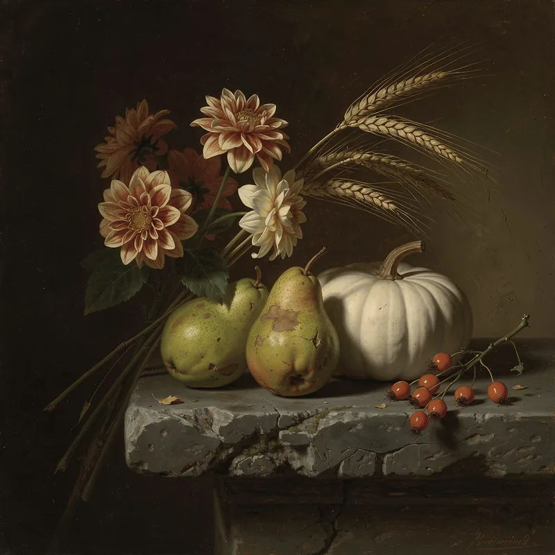 The still life of dahlias, wheat, pears and a white pumpkin, the design file as FLUX made it