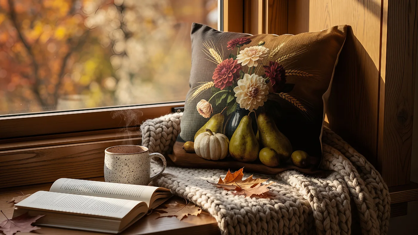 A linen pillow printed with a dark still life of dahlias, wheat and pears on a cabin window seat, made with FLUX