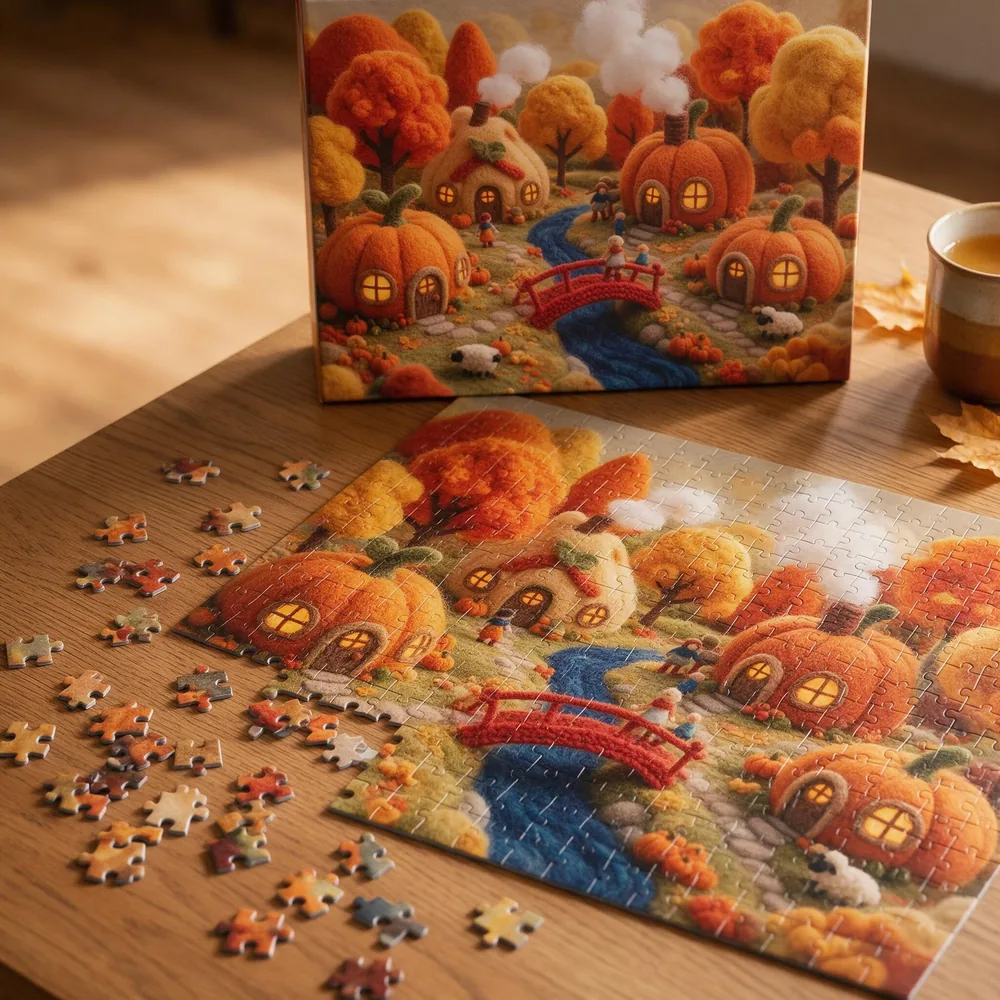 A jigsaw puzzle of a felt pumpkin village, almost finished on an oak table beside its box, made with Seedream