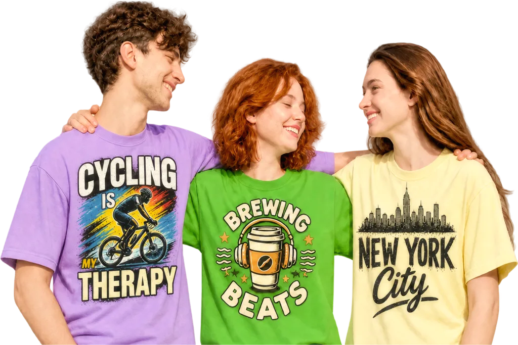 Three smiling sellers wearing t-shirts printed with their own designs