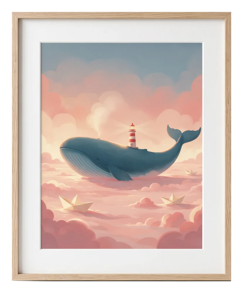 The whale of the clouds print in a light oak frame with a white mat