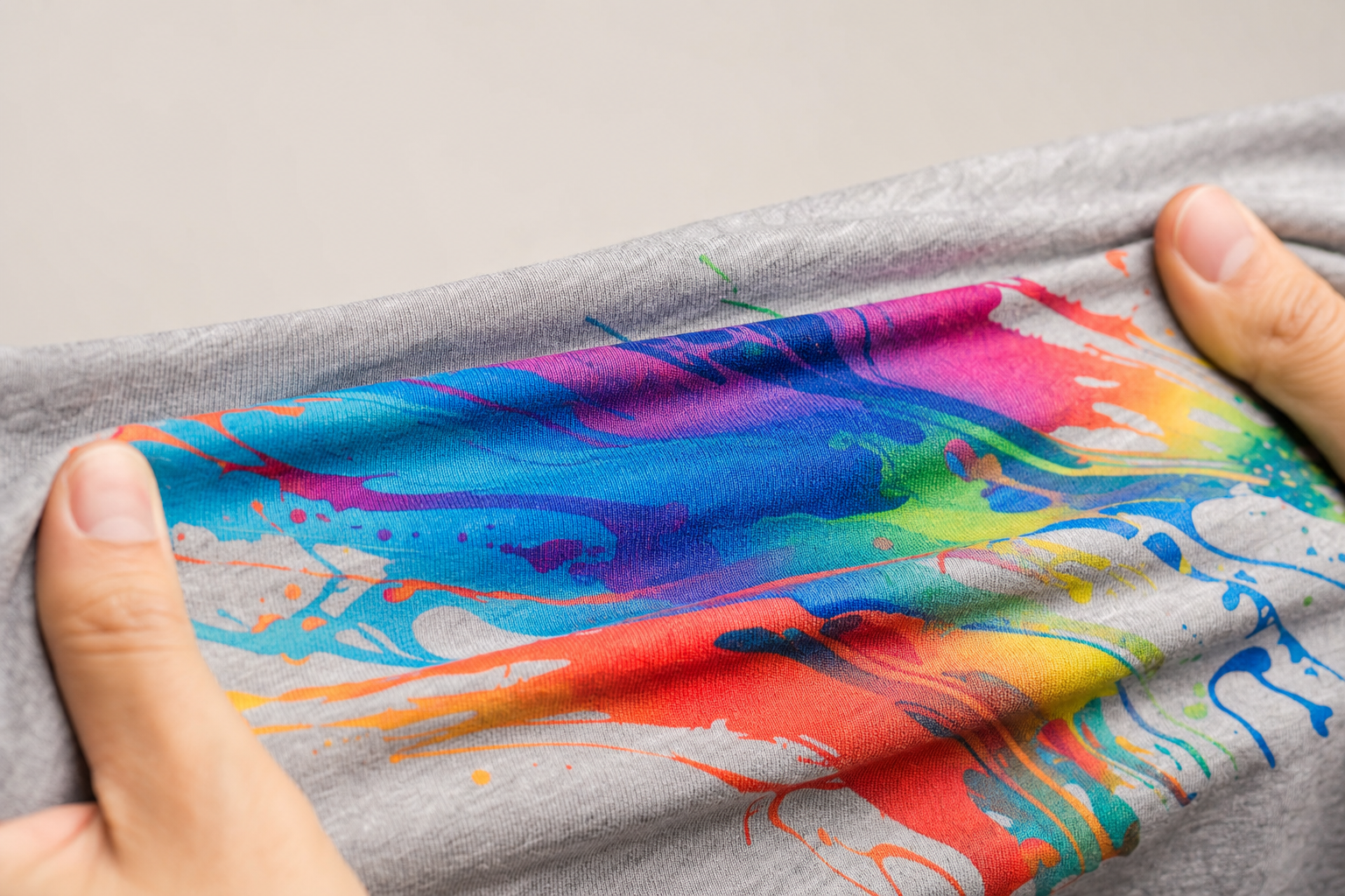 Hands stretching a DuraSoft print across a grey tee — the artwork flexes with the fabric without cracking.