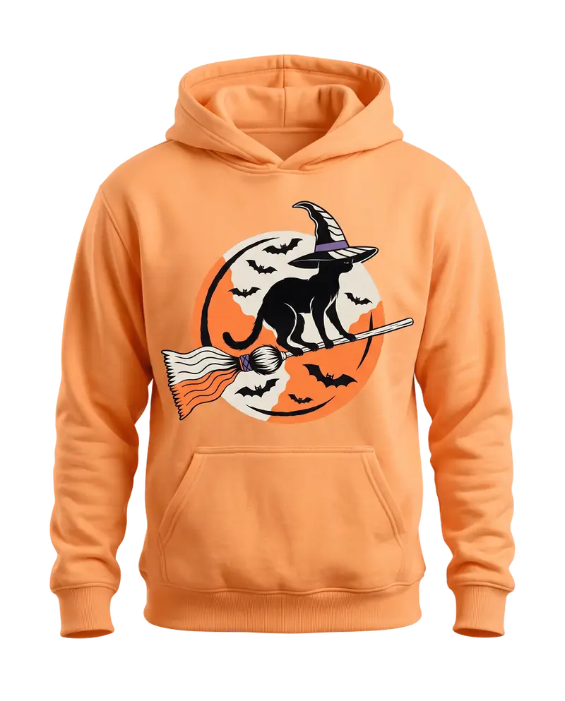 The witch cat design on an orange hoodie