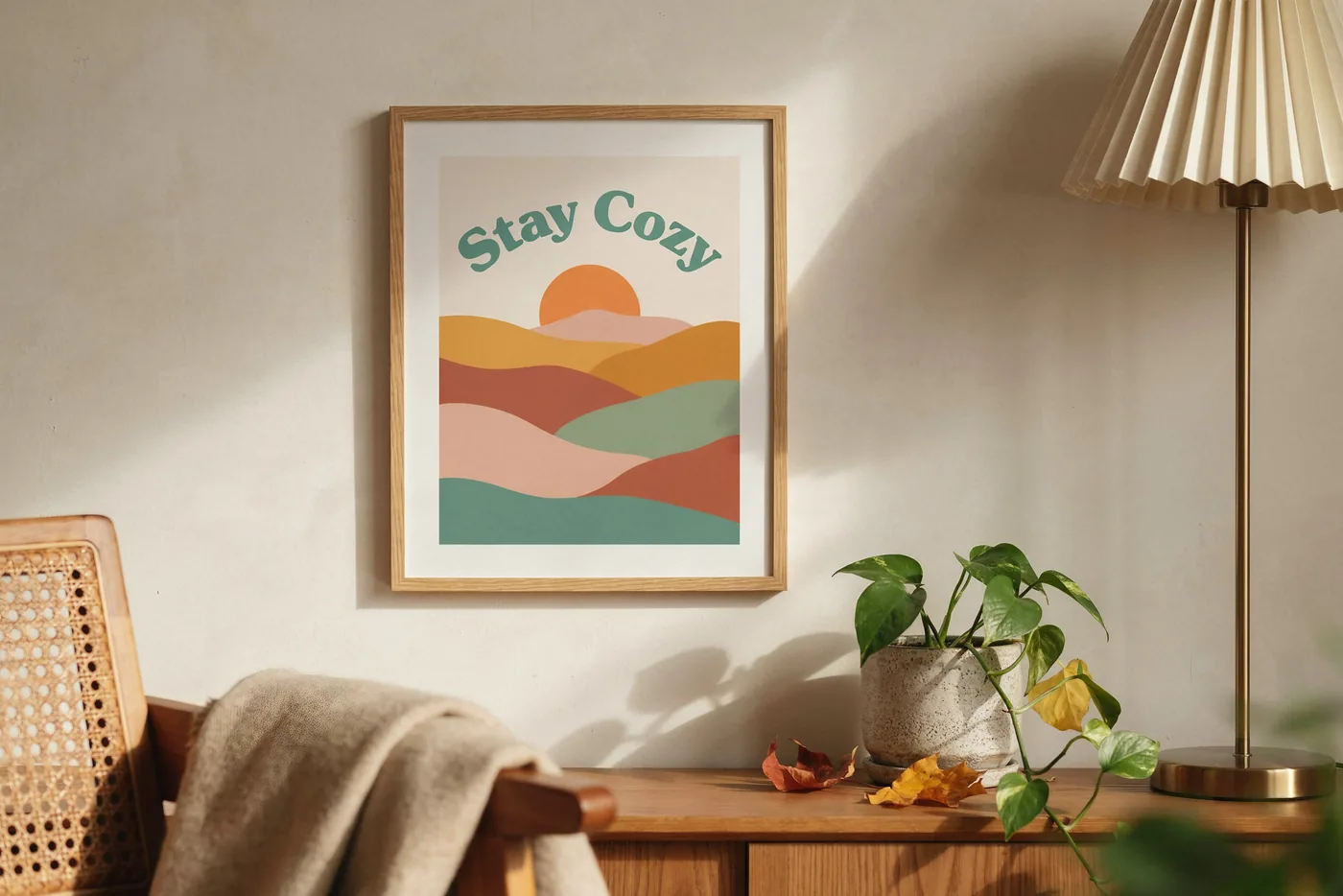 A framed retro Stay Cozy print on a warm plaster wall beside a lamp and a plant, made with Ideogram
