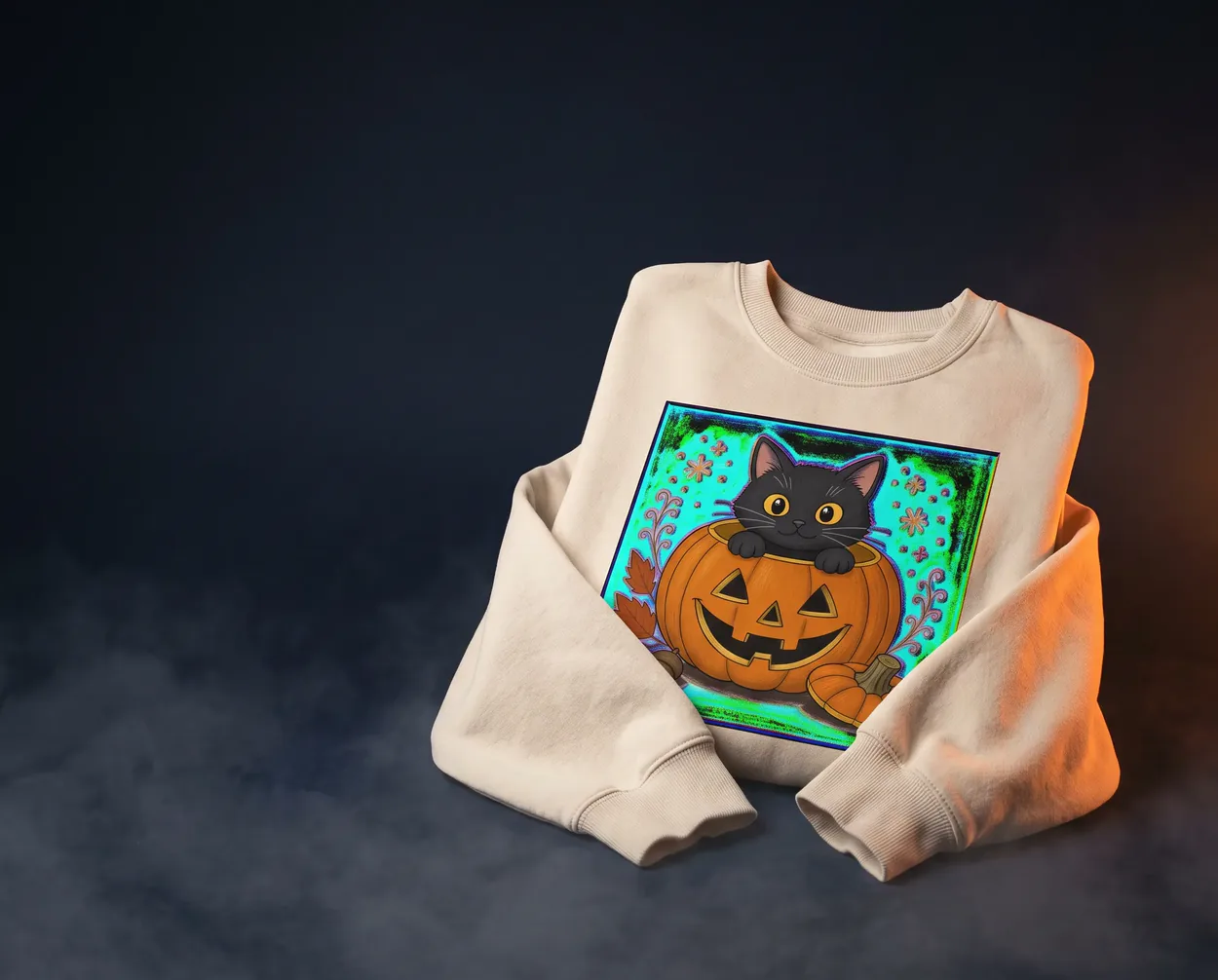 A sweatshirt with a black cat peeking out of a pumpkin