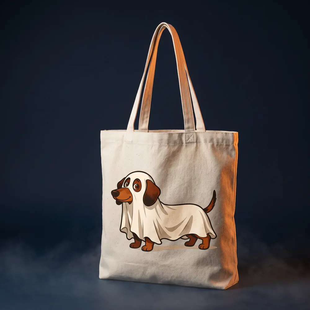 A tote bag with a dachshund in a bedsheet ghost costume