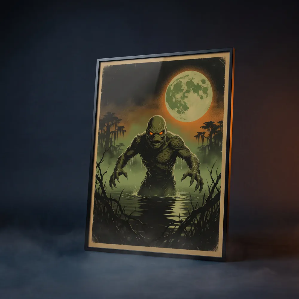 A framed retro horror movie poster print with a swamp creature