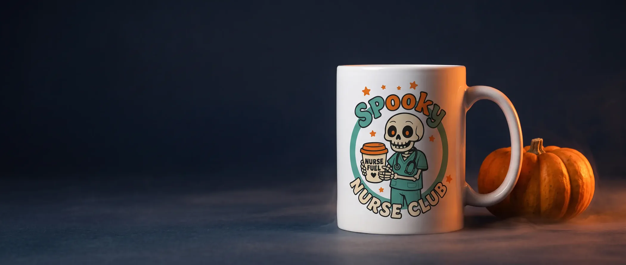 A mug reading 'Spooky Nurse Club', with a skeleton in scrubs holding a coffee