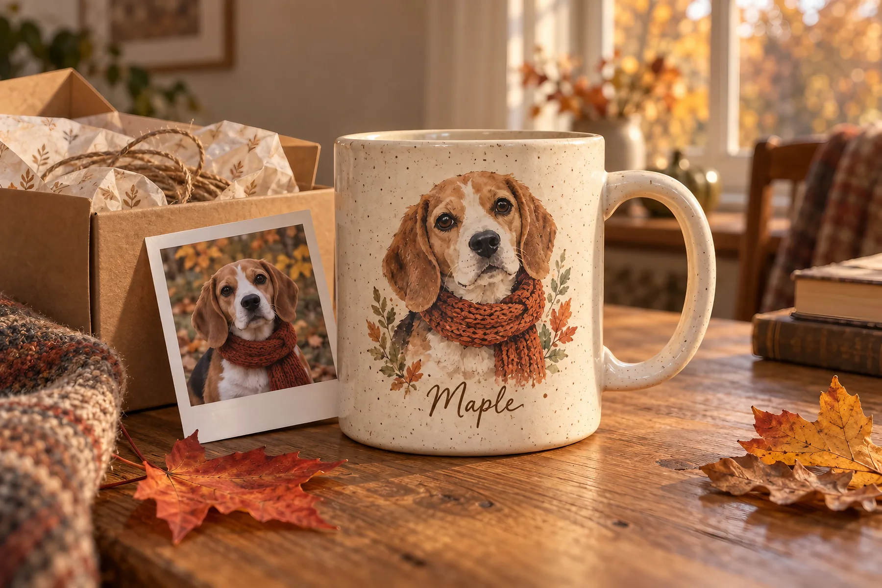A speckled mug printed with a watercolour beagle named Maple, beside an instant photo of the real dog and a kraft gift box, made with GPT Image