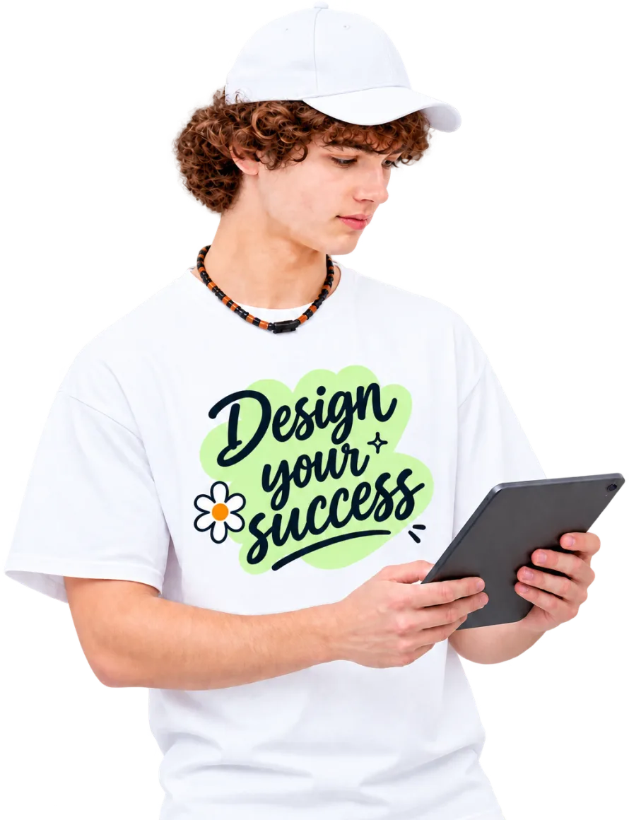 A seller checking a tablet, wearing a t-shirt printed with the words Design your success