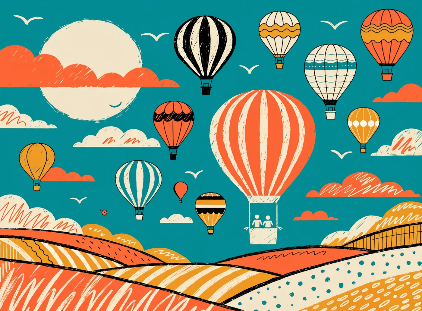 A flat illustration of hot air balloons over autumn hills, made with Recraft