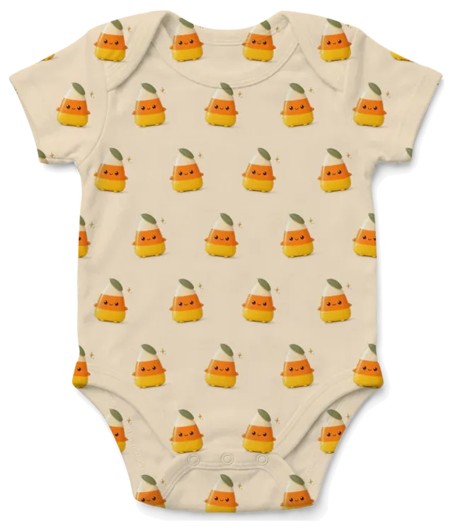 A baby bodysuit covered in a tight candy corn pattern