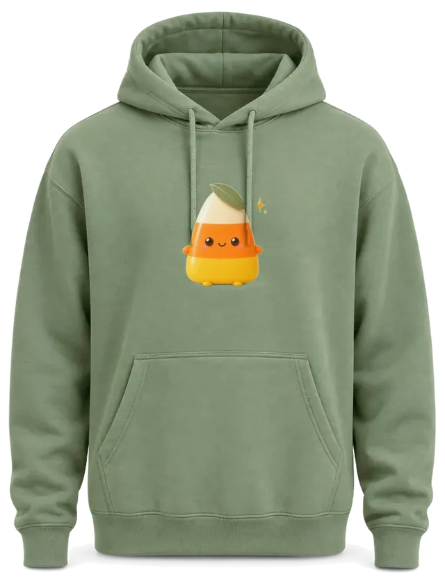 A sage hoodie with the candy corn design high on the chest