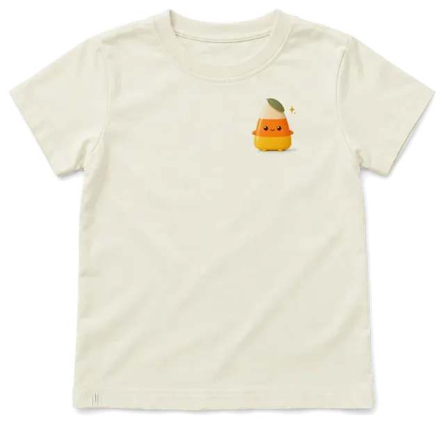A cream kids T-shirt laid flat, with a small candy corn print on the left chest