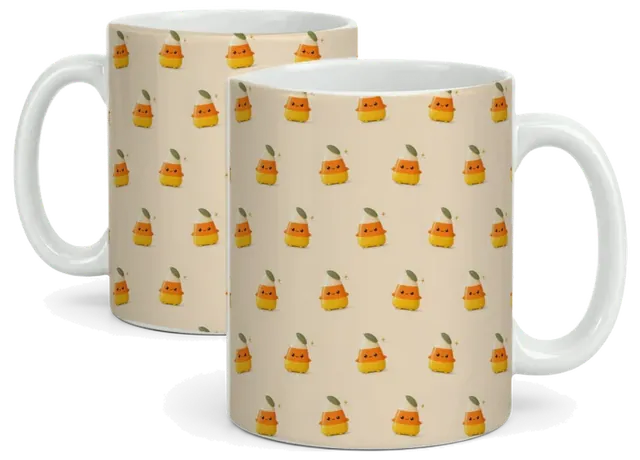 Two white mugs wrapped in the candy corn pattern