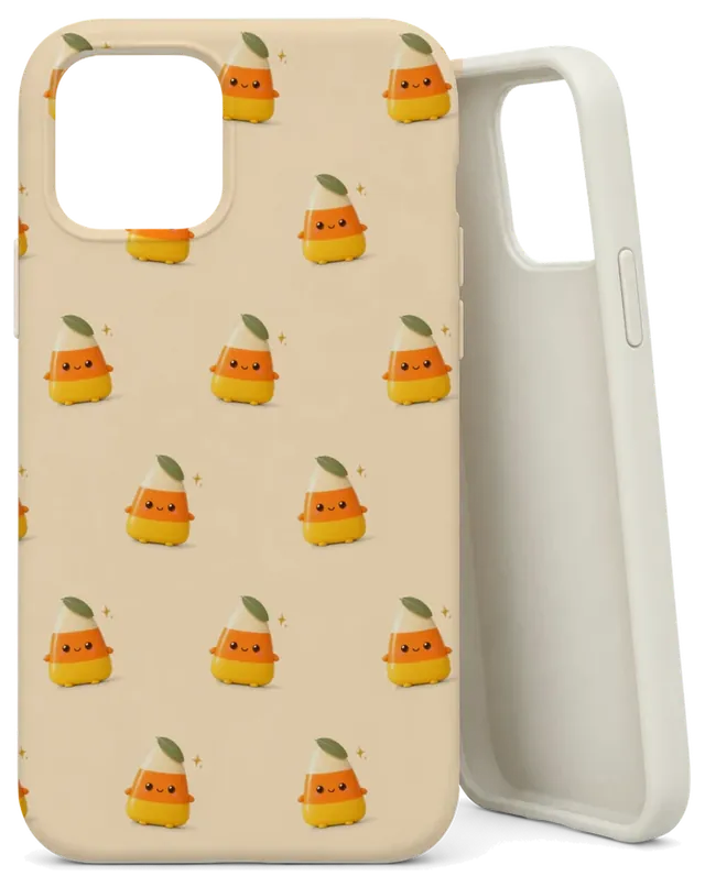Two cream phone cases, the front one covered in the candy corn pattern