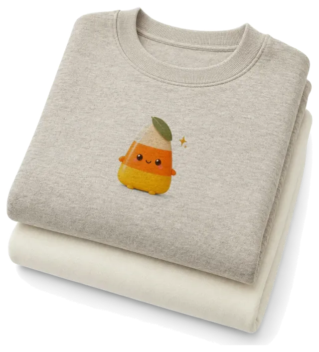 Two folded sweatshirts, the top one printed with the candy corn design