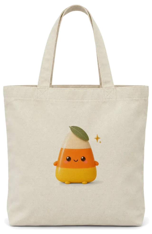 A canvas tote bag printed with the candy corn design