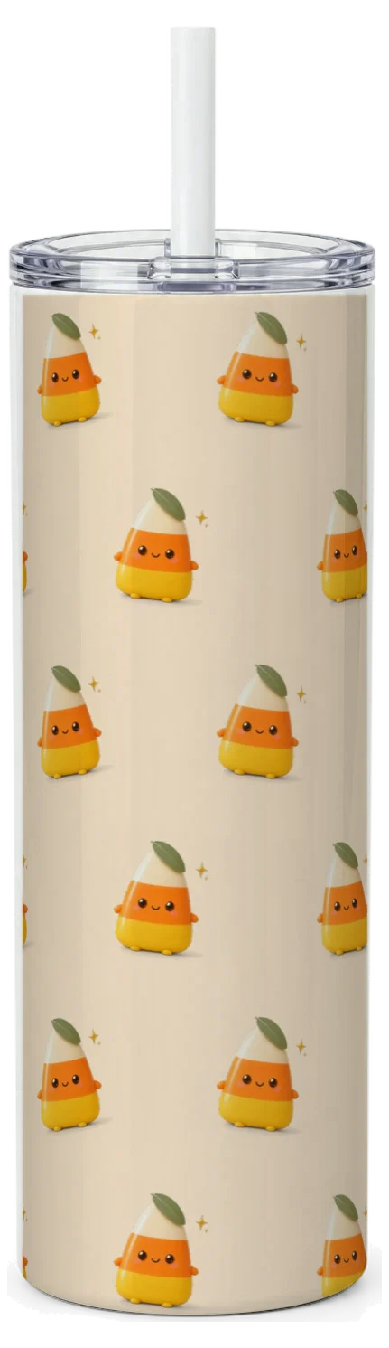 A white skinny tumbler wrapped in the candy corn pattern