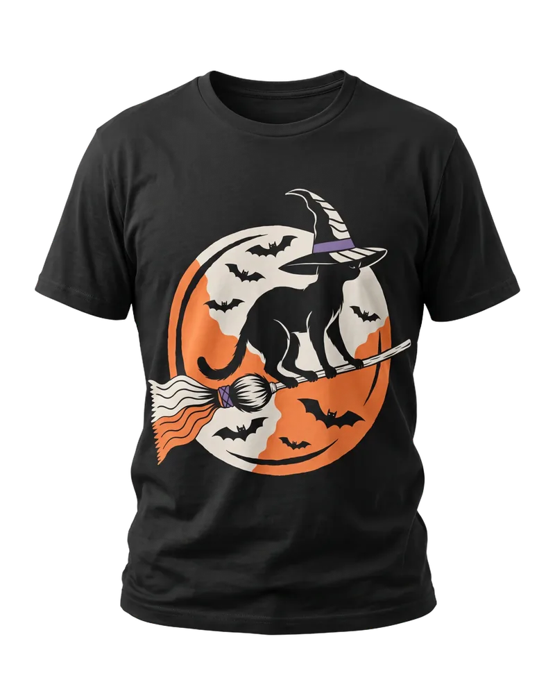 The witch cat design on a black T-shirt