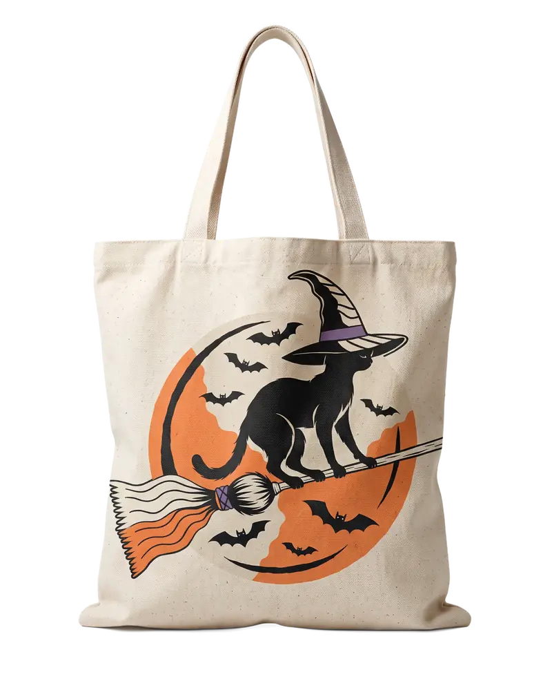 The witch cat design on a natural canvas tote bag