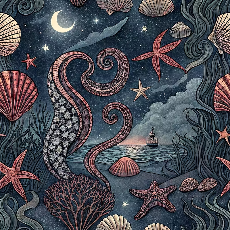 Dark Fantasy Seashell Tattoo Collage AI Generated