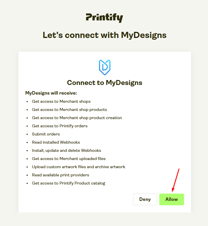 Grant Permission to Printify for Your MyDesigns Account