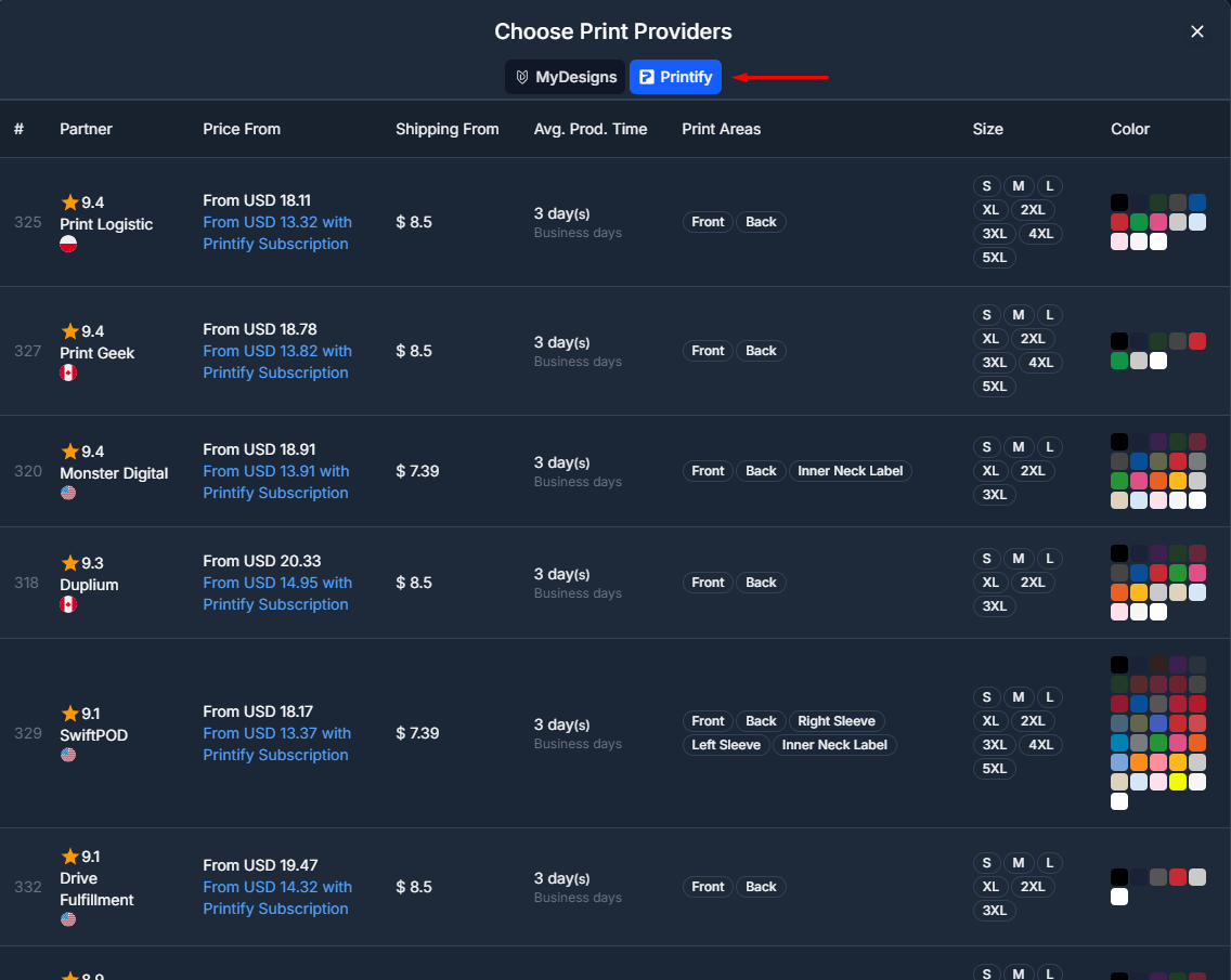 Select Printify in MyDesigns Publishing Process