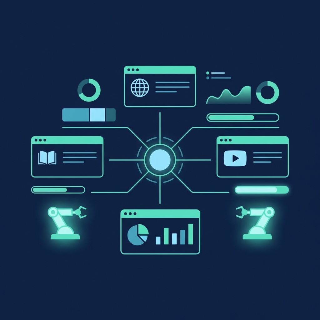 AI automation multi-platform digital product publishing dashboard, dark navy background teal accents