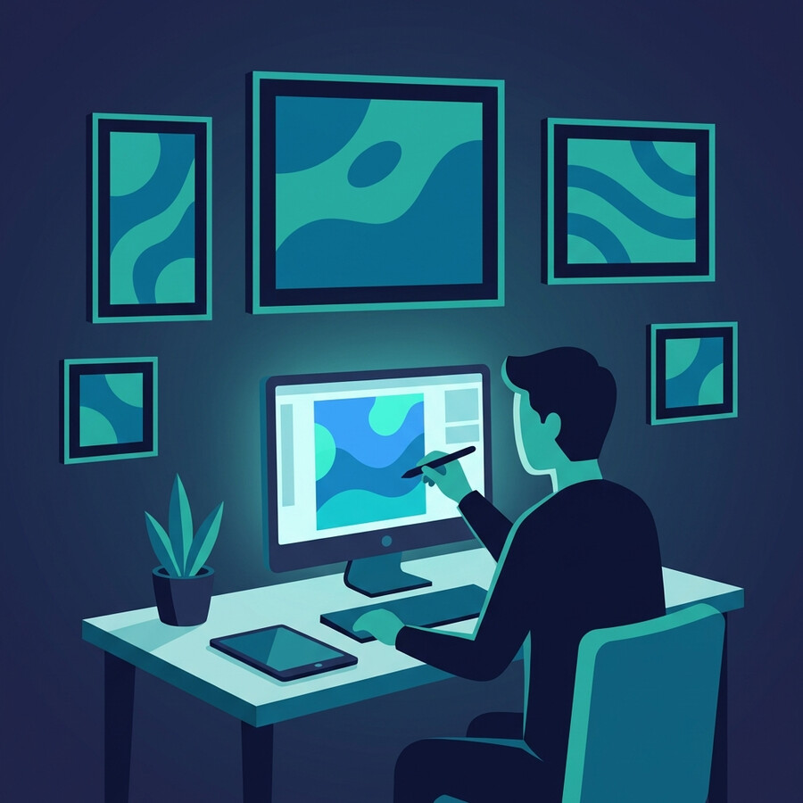 Artist creating canvas art designs on computer using AI design tools