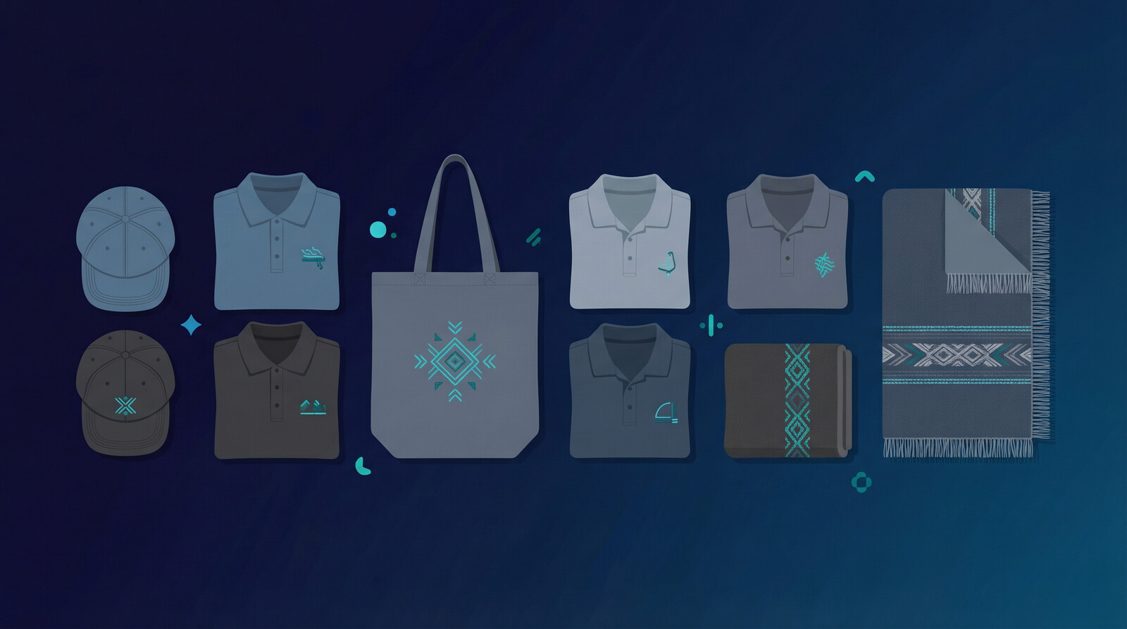 embroidered product lineup showing hats caps polos and accessories