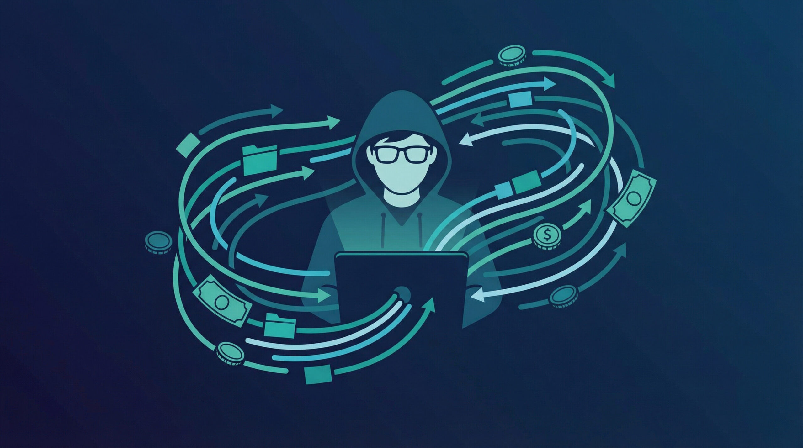 Person working on laptop with multiple income streams flowing around them