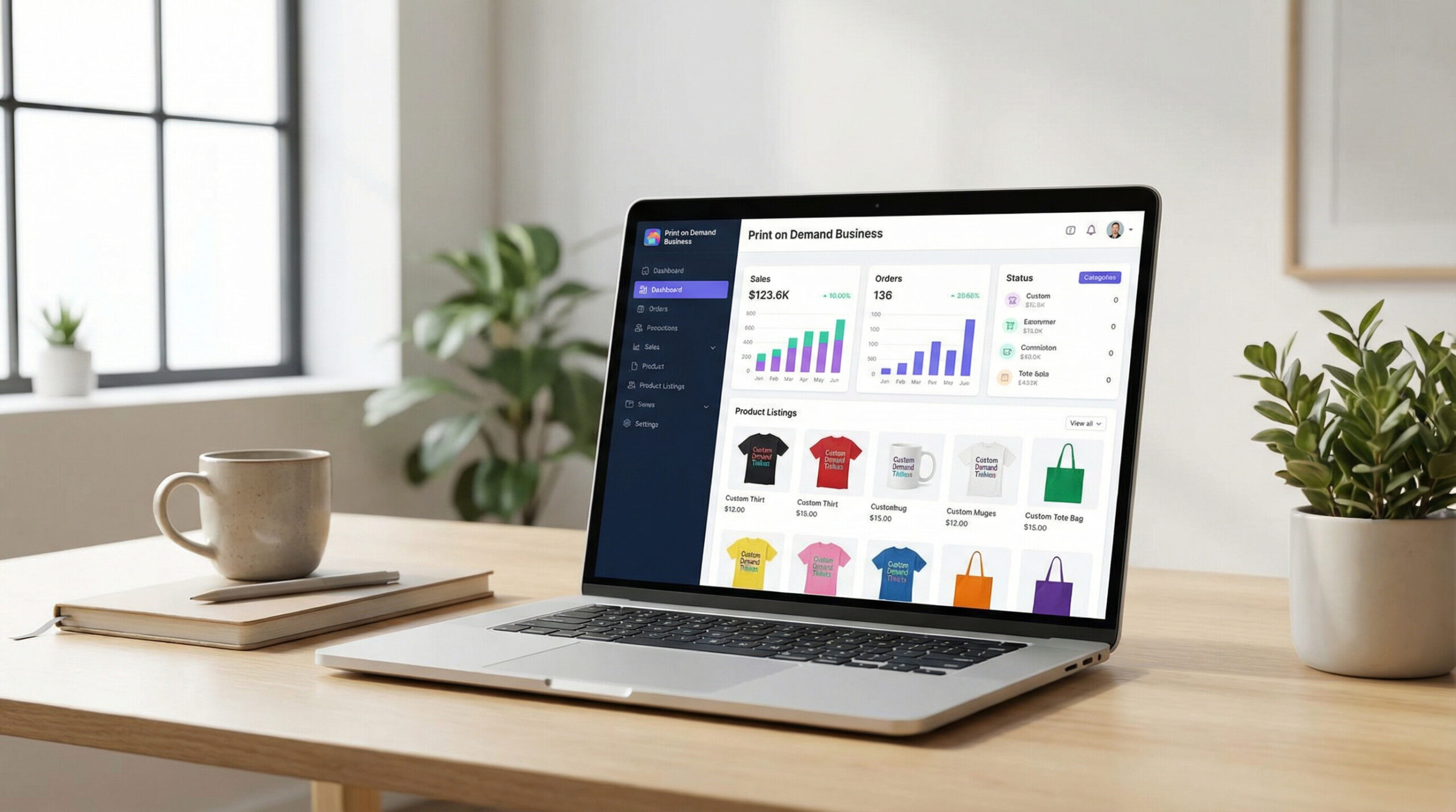print on demand business dashboard on laptop screen, modern ecommerce concept