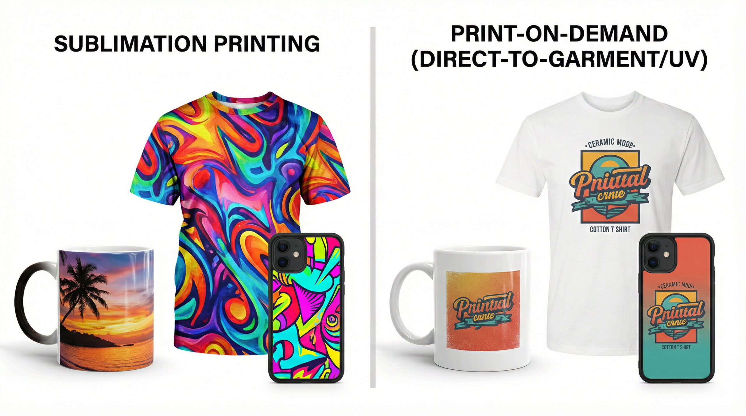 comparison of sublimation printed products vs print-on-demand products side by side, colorful merchandise