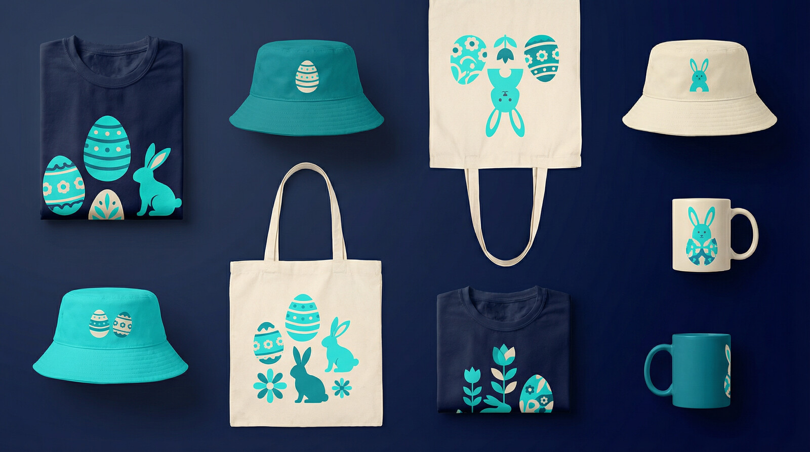 Easter print on demand products including t-shirts, tote bags, and mugs for seasonal selling