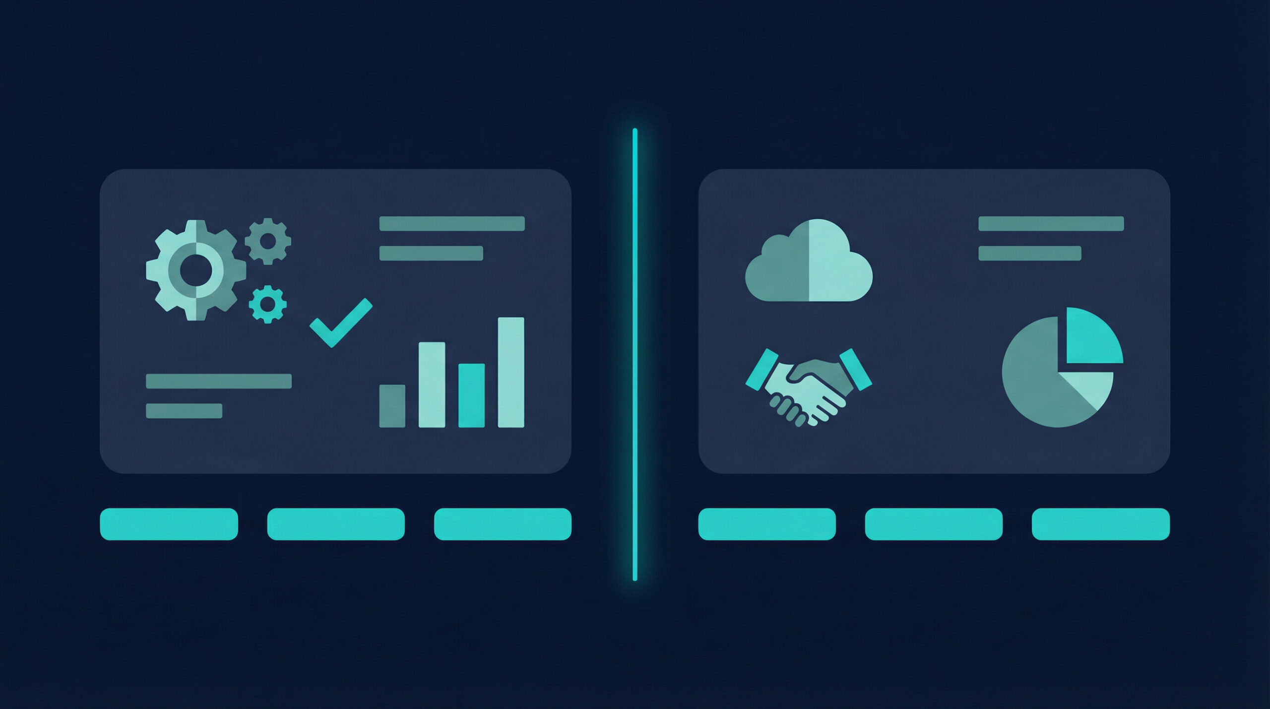Two business tool options side by side comparison interface with dark navy background and teal accents