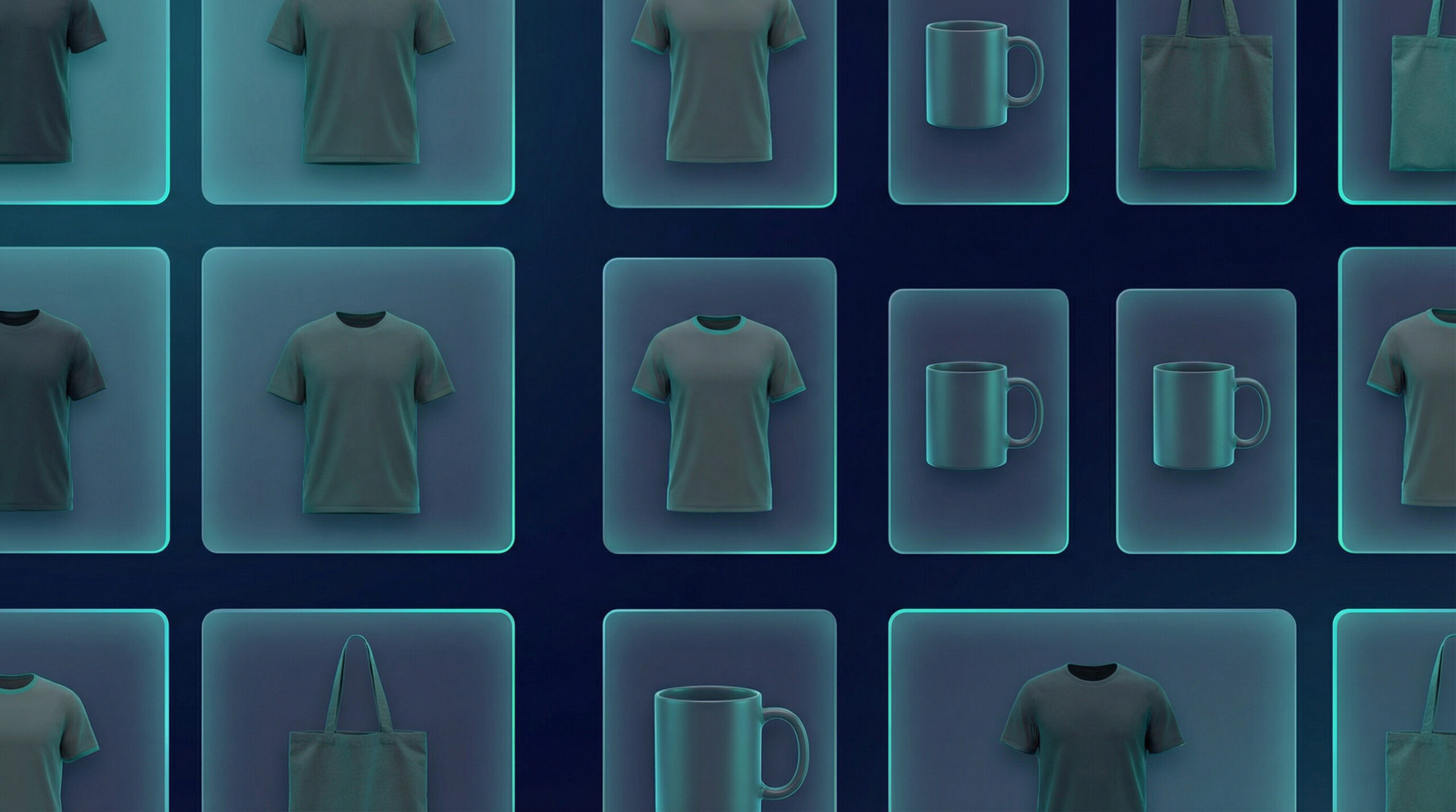 Print on demand product mockups grid showing t-shirts mugs tote bags with teal cyan accents