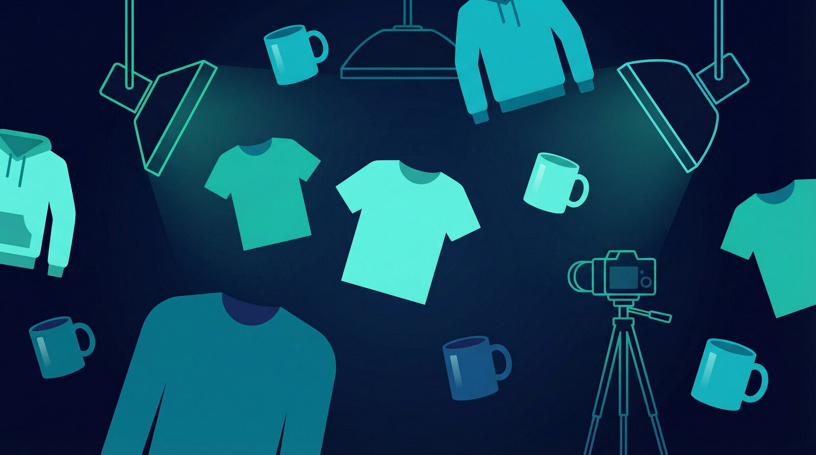 professional product mockups for print on demand store, dark navy gradient background, teal accents, t-shirt and mug mockup examples