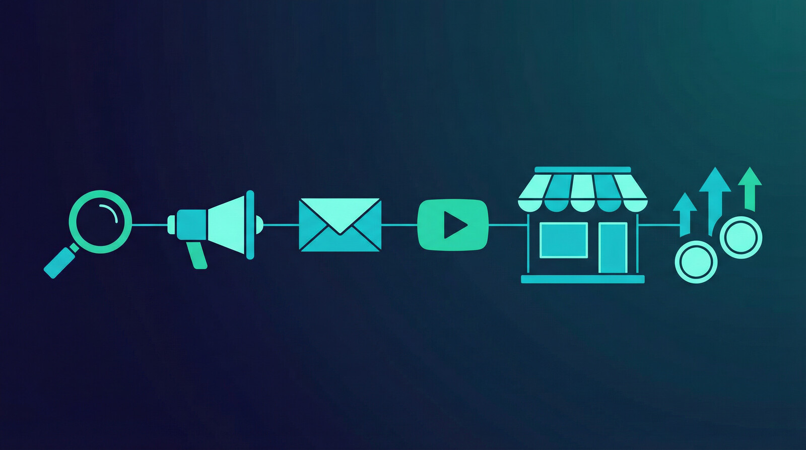 print on demand marketing strategy for beginners, dark navy gradient, teal cyan accents, social media and Etsy traffic concept