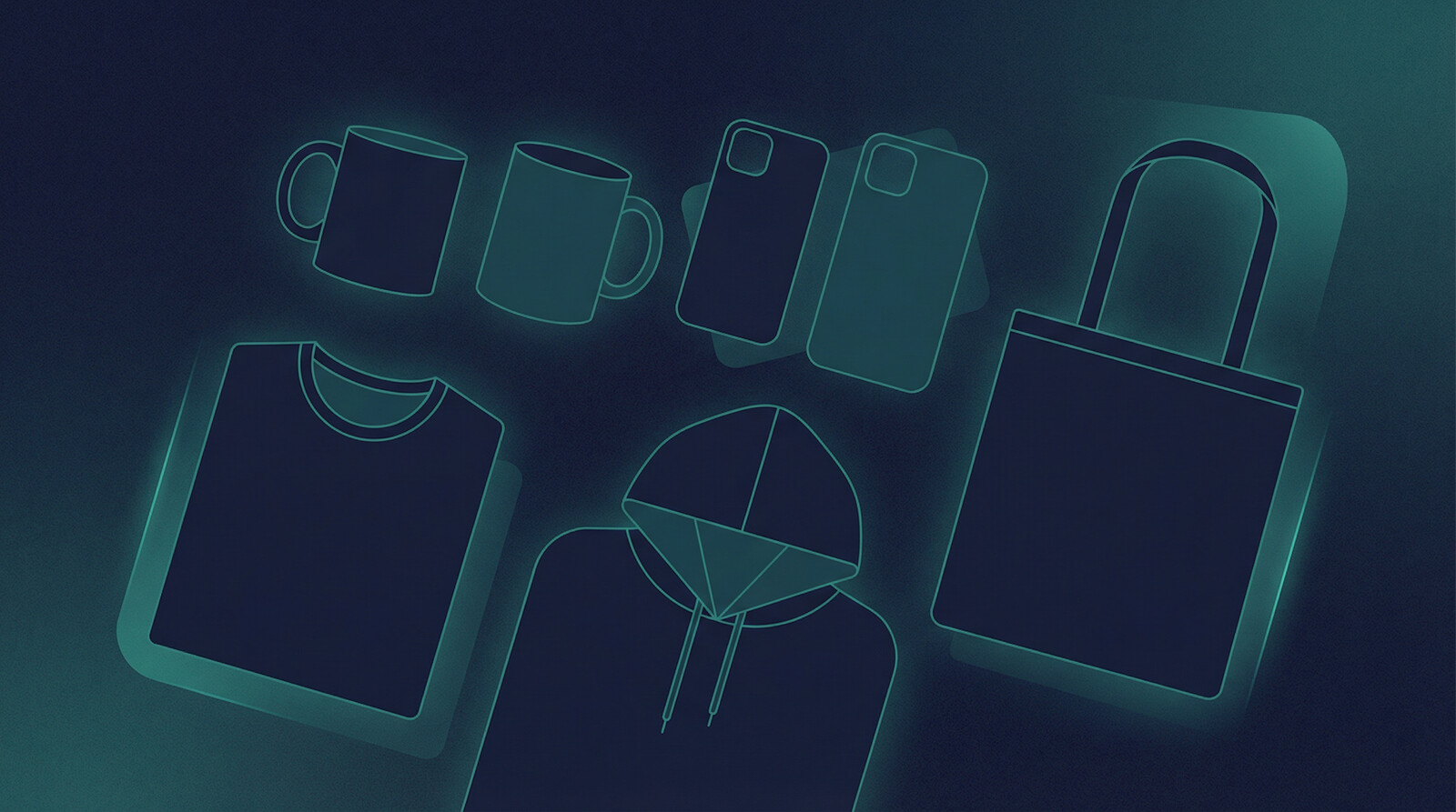 types of product mockups including mugs phone cases tote bags and apparel displayed on dark background