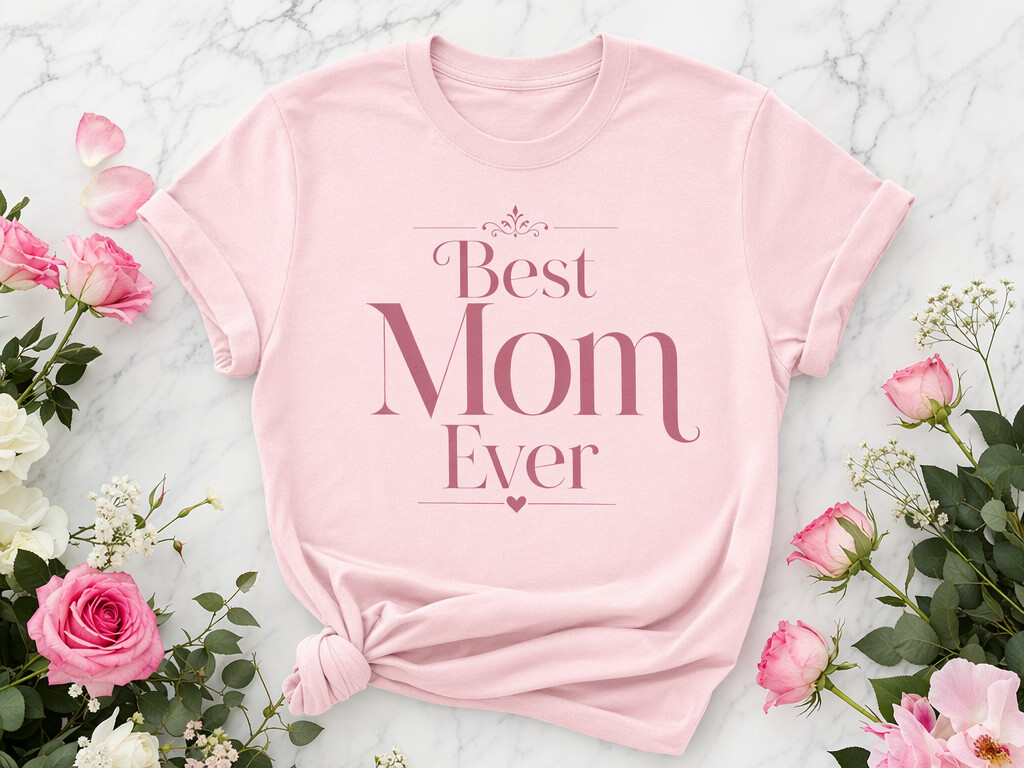 Best Mom Ever t-shirt design with elegant serif typography on soft pink shirt
