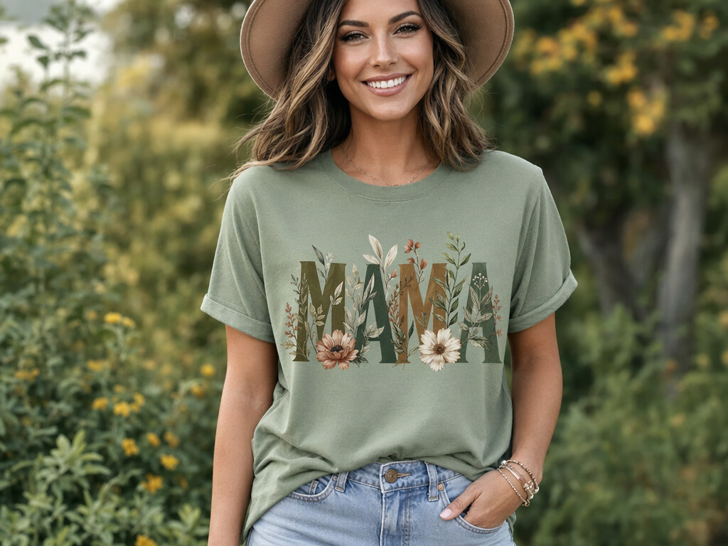 MAMA in boho botanical lettering with leaves and flowers on sage green t-shirt