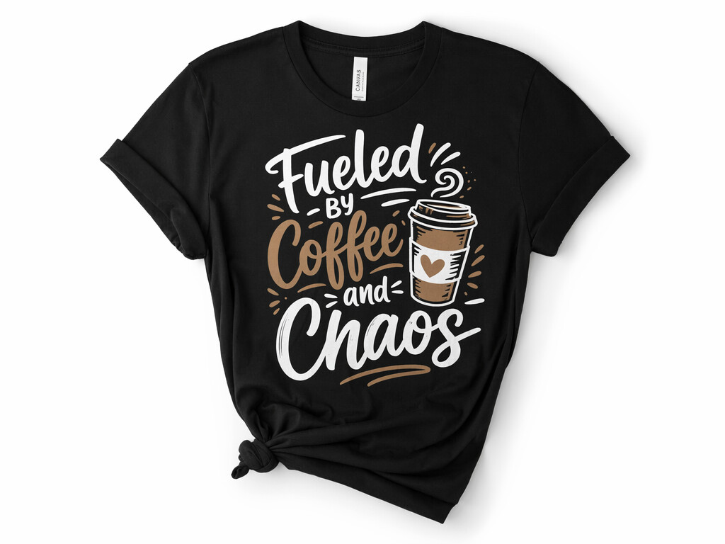 Fueled by Coffee and Chaos hand-lettered design with coffee cup illustration on black shirt