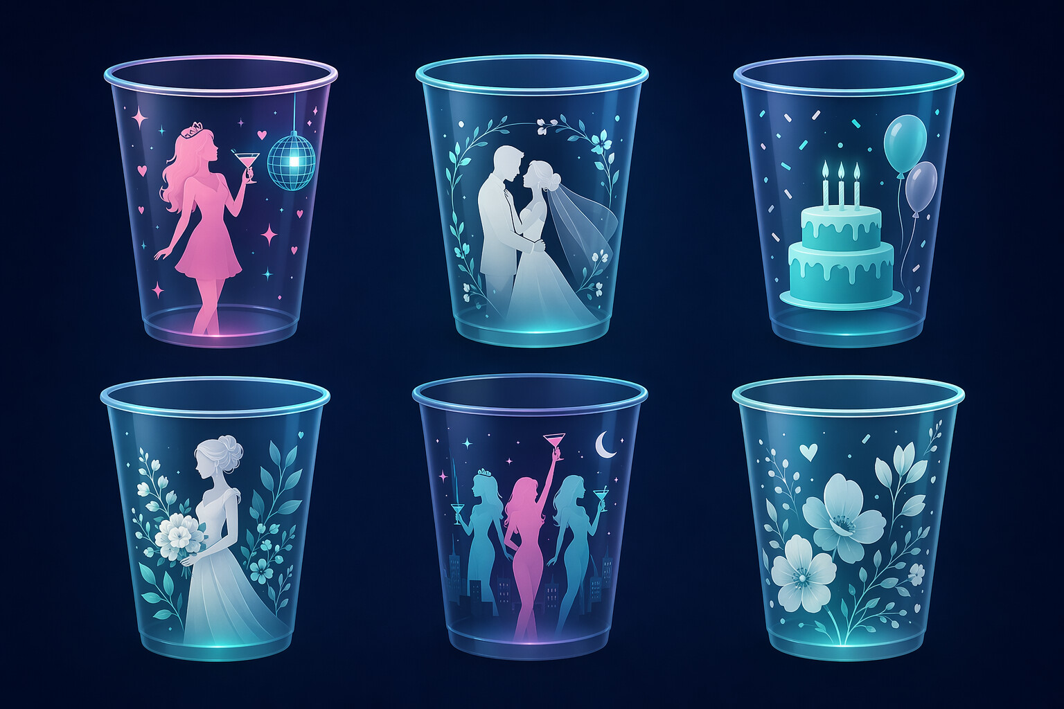 Custom party cup design variations for weddings bachelorettes and birthdays