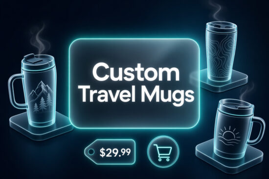 Custom travel mugs product line thumbnail with Custom Travel Mugs text