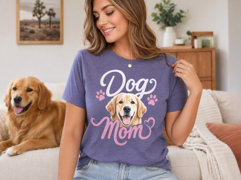 Dog Mom design with paw prints on heather purple t-shirt worn by model with dog