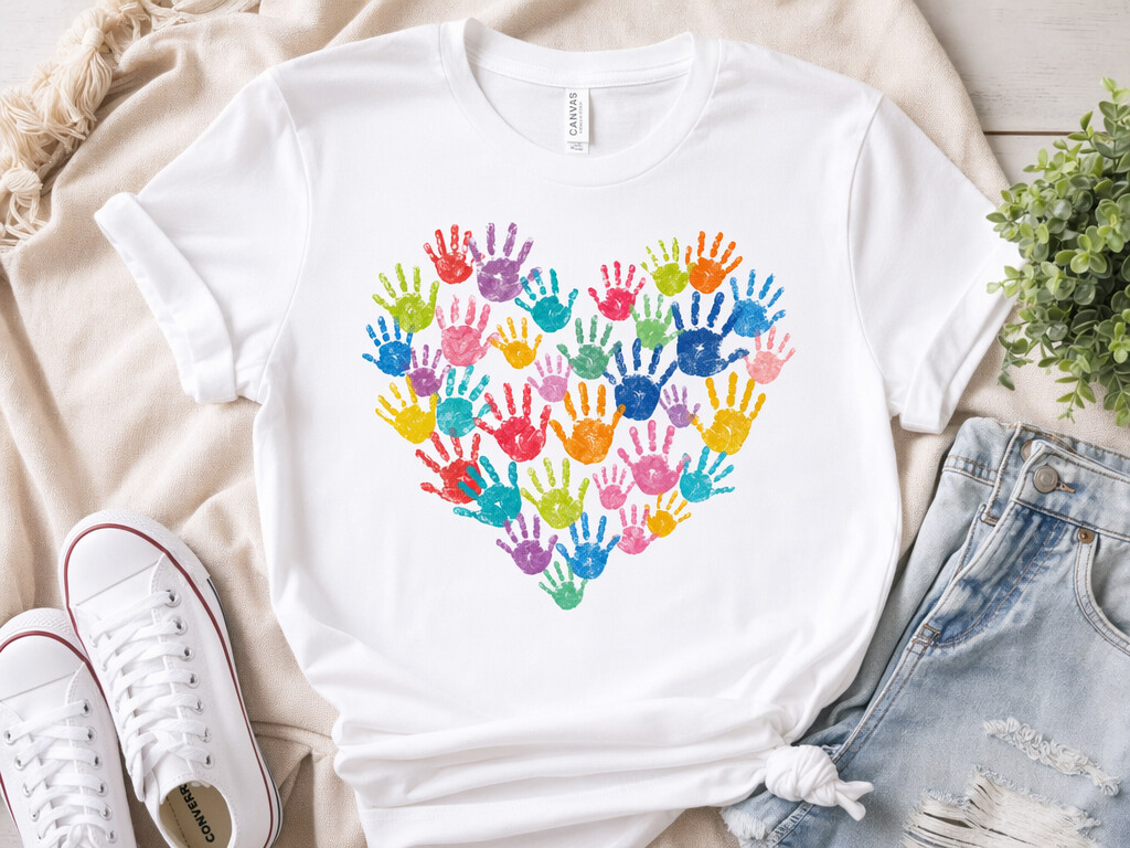 Heart made of colorful children's handprints on white t-shirt in flat lay style