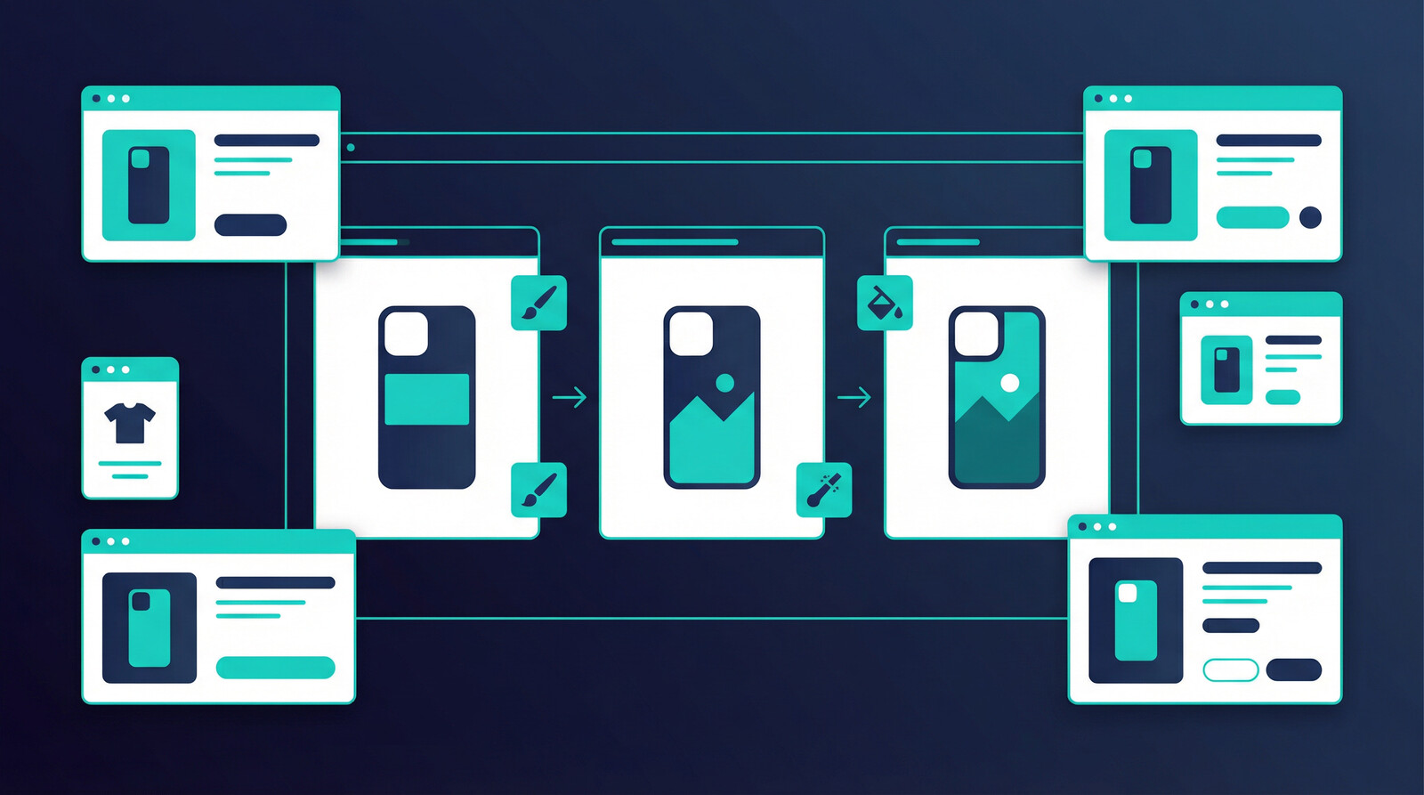 custom phone cases product mockup workflow on a dark ecommerce dashboard