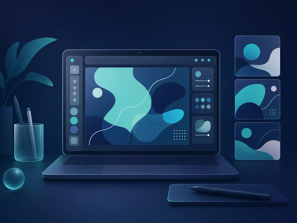 poster design workspace with digital canvas and preview thumbnails