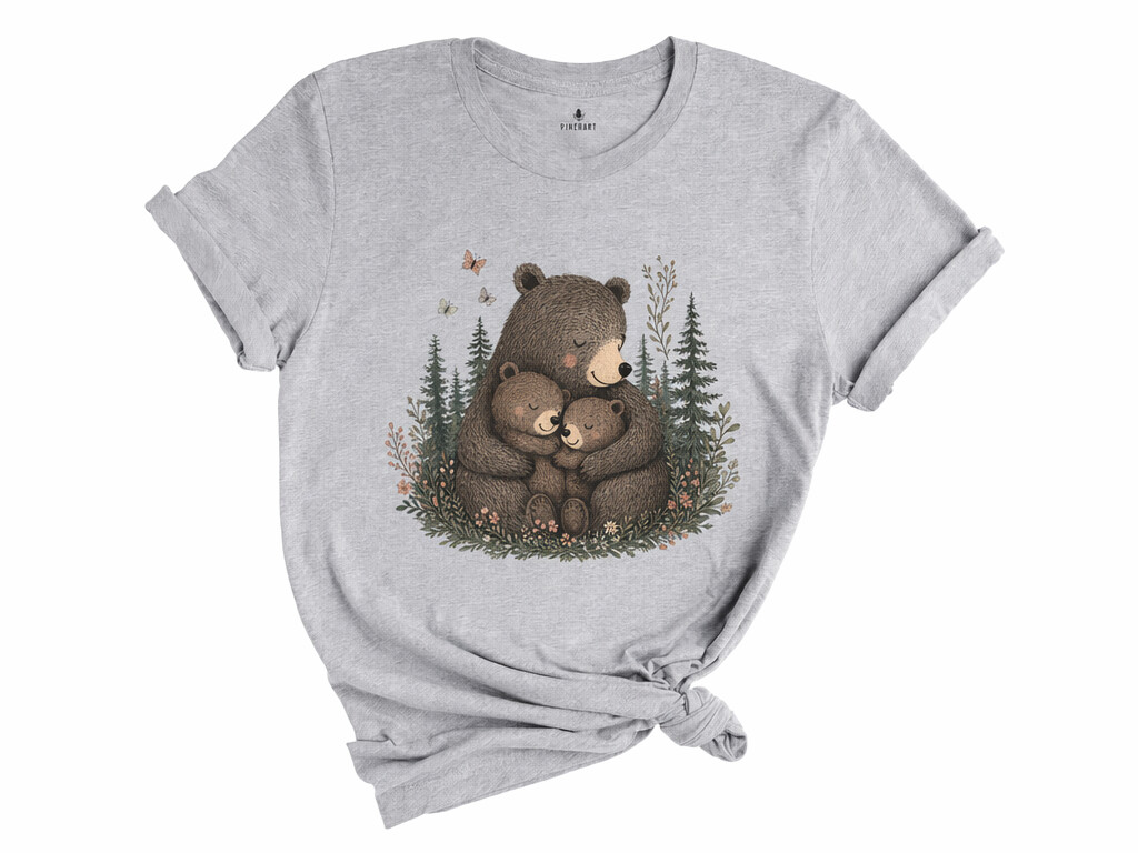 Mama Bear t-shirt design with illustrated bear family on heather gray shirt